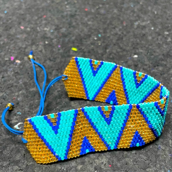 Earthbound Beaded Blue and Gold Boho Cuff Bracelet - Picture 3 of 6